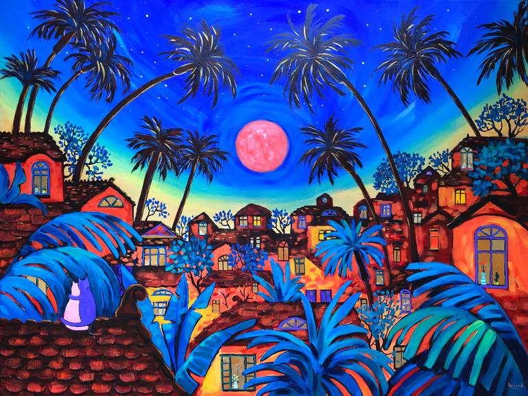 Original Architecture Painting by Irina Redine | Conceptual Art on Canvas | Pink Moon