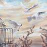 An open cage allows three white doves to escape into freedom; the colourful movement of the bright clouds help convey a feeling of joy and exhilaration. 
This piece was part of a painting series inspired by the book of Proverbs in the Old Testament. I chose the following verse to illustrate here:

"Evil people are trapped by sin,
    but the righteous escape, shouting for joy." (Proverbs 29:6 NLT)

Acrylic on canvas, painted in a fantasy realistic style which is more dream-like than true to reality.