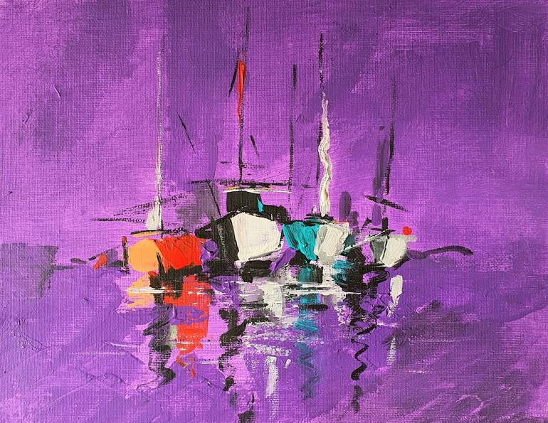 Purple Sky And Boats Painting By Victor Costachescu Saatchi Art