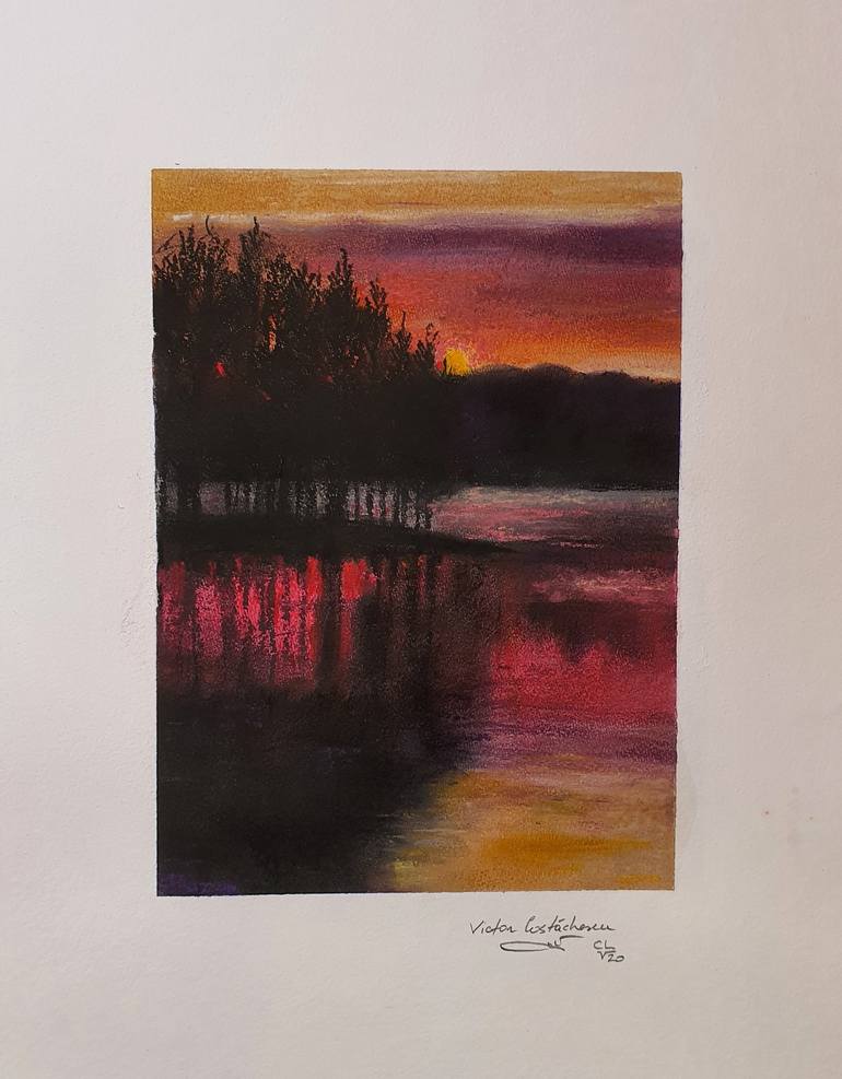 Original Landscape Painting by Victor Costachescu | Impressionism Art on Paper | Sunrise on The Lake