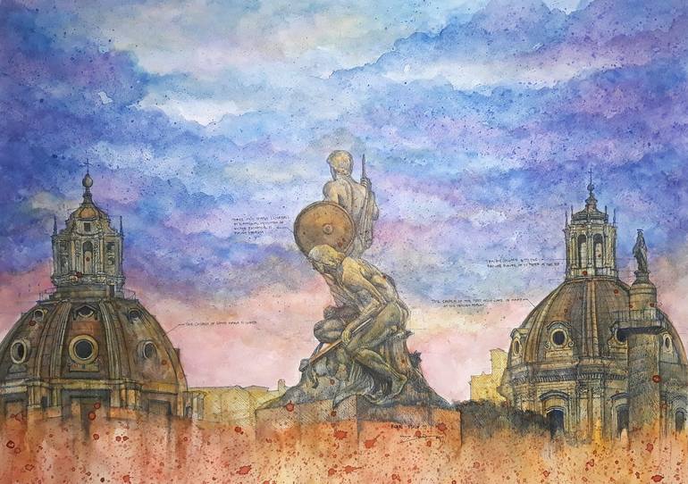 Original Architecture Painting by Edwin Darwin | Other Art on Paper | The City Guardians