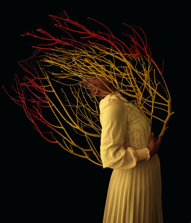 An art photograph by Fares Miscue with a black background, a woman in an ocre dress holding large yellow and red branches obscuring his face.