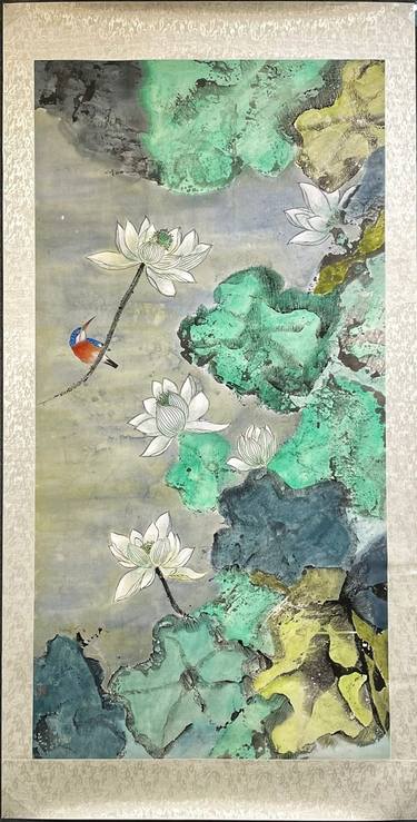 Bird Resting among Lotus Leaves and White Flowers thumb