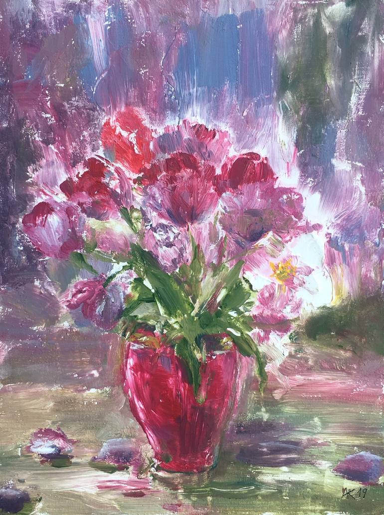 Tulips in red vase Painting by Andrey Kryuk | Saatchi Art