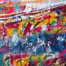 Picture on picture. Oil on canvas and oil on fabric. Large scale painting. Unstretched canvas.