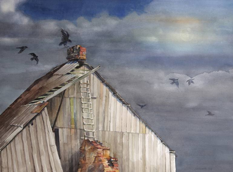 Original Architecture Painting by Eimis Prismontas | Documentary Art on Paper | "Barn"