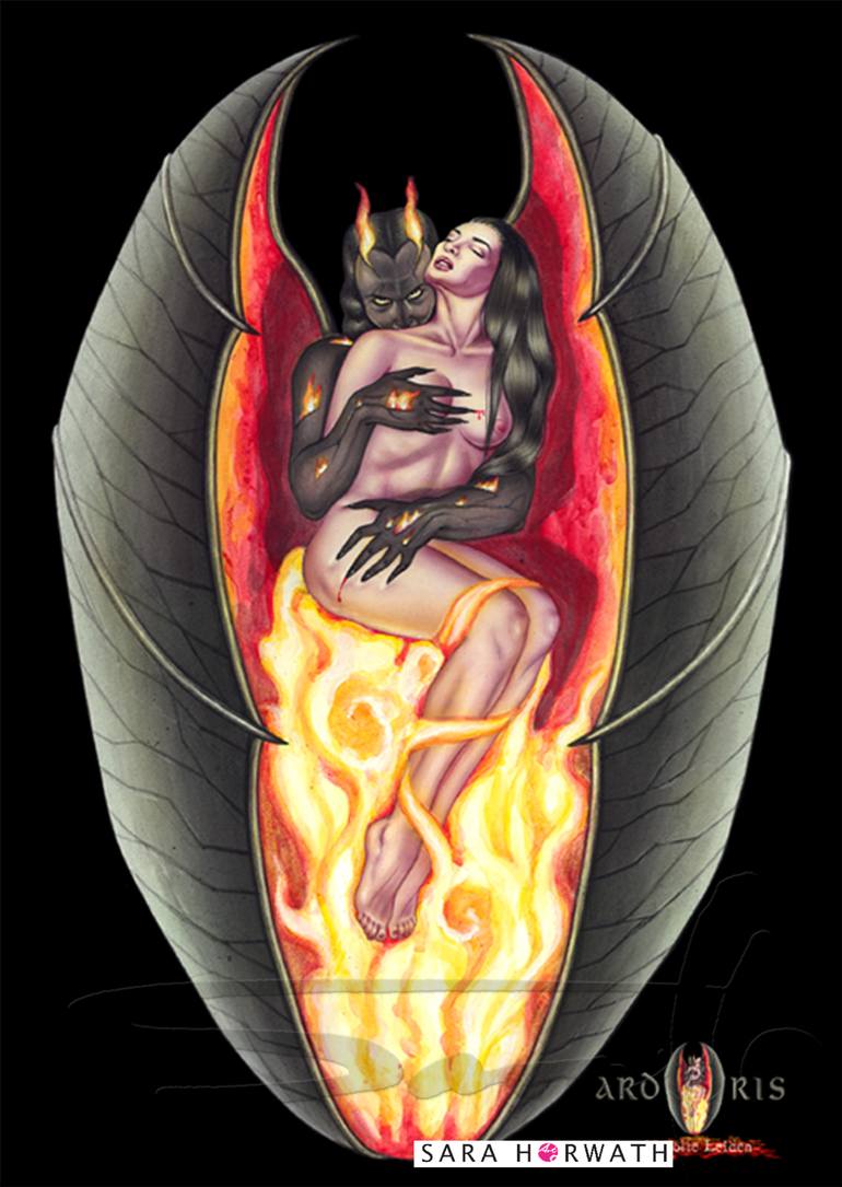 Ardoris Devil Demon Is Holding A Naked Angel In His Fire Wings Painting By Sara Horwath Saatchi Art