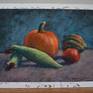 This is a soft pastel still life painting of autumn vegetables, drawn on high-quality sanded board. This piece will arrive with the white border, as shown, but the white will not show after it's framed. This pastel would be lovely in a dining room or kitchen.