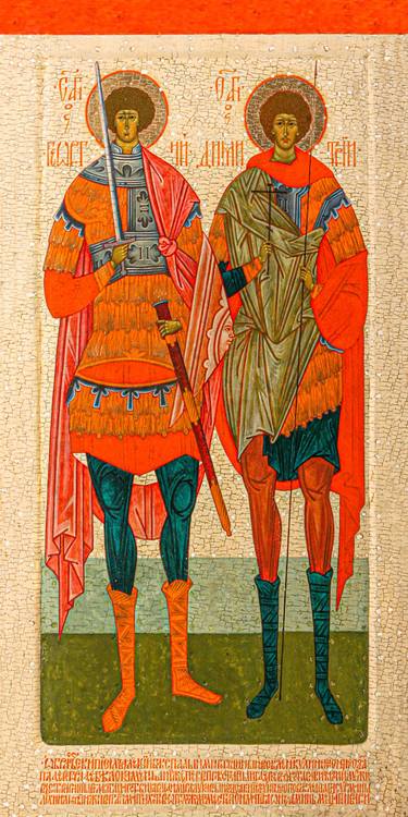 SOLD - "Icon of The Great Martyrs George and Demetreus of Thessalonoki - the Holy Warriors" Renaissance Painting - Old Painting { open art prints only thumb