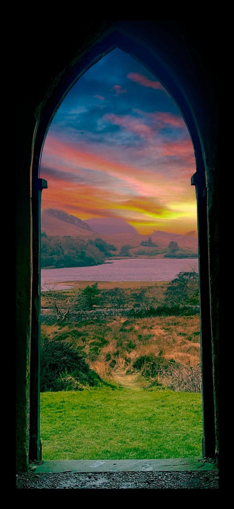 Original Landscape Photography by John Fitzgerald Owens | Color Field Painting Art on Canvas | Sunset at the Church of Ease, Dunlewey, County Donegal,