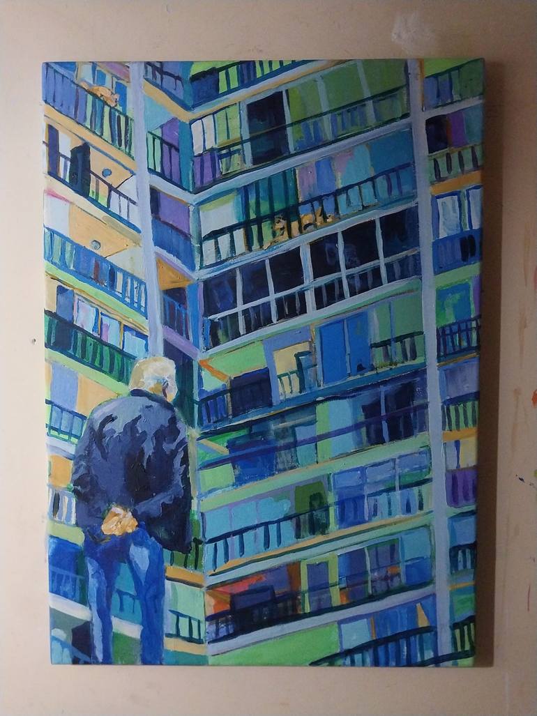 Original Architecture Painting by Alejandra Mussio | Contemporary Art on Canvas | La pajarera (Te extrano pero no vuelvas)