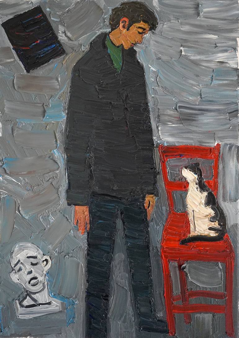 Original Cats Painting by Prisac Nicolae | Expressionism Art on Canvas | Don't forget to feed the cat