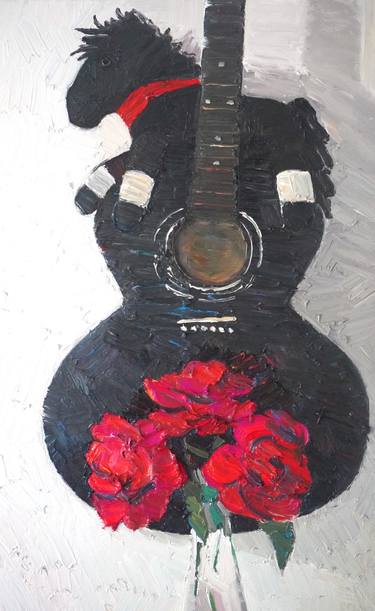 black guitar with flowers thumb