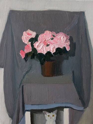 Pink flowers with black cat thumb