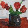 Composition with tulips and red chair. 
Painting with oil paste on canvas.