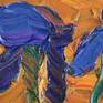 Still life with irises. Painting spring with more oil paste on canvas.