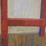 Composition with blue irises on red chair in art studio.