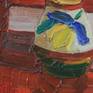 Composition with blue irises on red chair in art studio.