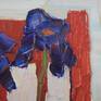 Composition with blue irises on red chair in art studio.