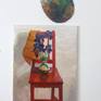Composition with blue irises on red chair in art studio.
