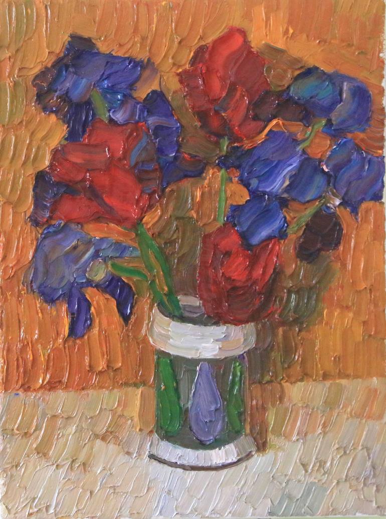 Original Floral Painting by Prisac Nicolae | Conceptual Art on Canvas | Red tulips and blue irises