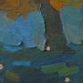Painting with oil paste on canvas. Old tree and night sky