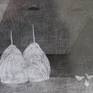 Drawing with pencil and eraser.
Rural landscape. Wooden gate and white haystacks.