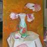 Still life with pink magnolia flowers. Spring. Oil painting on canvas.