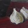 Still life with garlic. Impasto oil painting on canvas.
