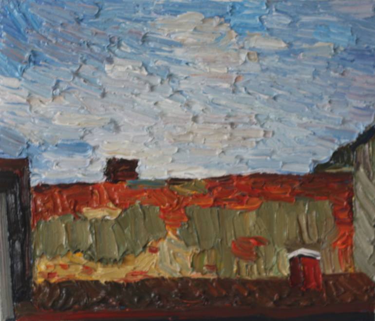 Original Architecture Painting by Prisac Nicolae | Abstract Expressionism Art on Canvas | The roof of the old building. View from my art studio