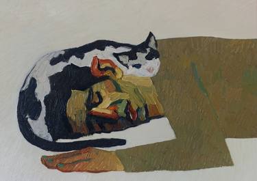 Sleeping man with cat thumb