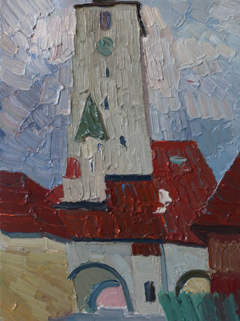 Original Architecture Painting by Prisac Nicolae | Expressionism Art on Canvas | The council Tower 3. Sibiu