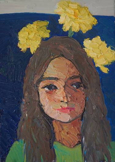 The little girl with yellow flowers thumb