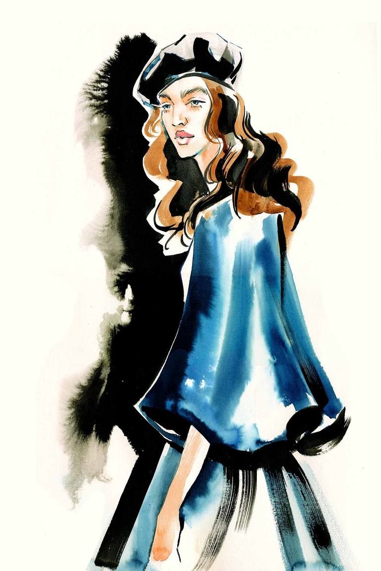 Black leather beret and blue cape. Dior girl Painting by Irina Ivanova ...