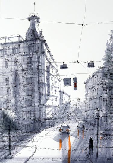 Original Expressionism Cities Drawings by Yurii Andreichyn