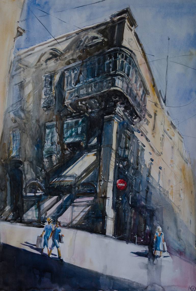 Original Architecture Painting by Yurii Andreichyn | Expressionism Art on Paper | Valletta
