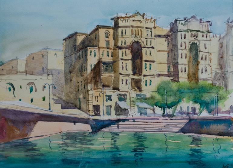 Original Architecture Painting by Yurii Andreichyn | Realism Art on Paper | Balluta bay, Malta
