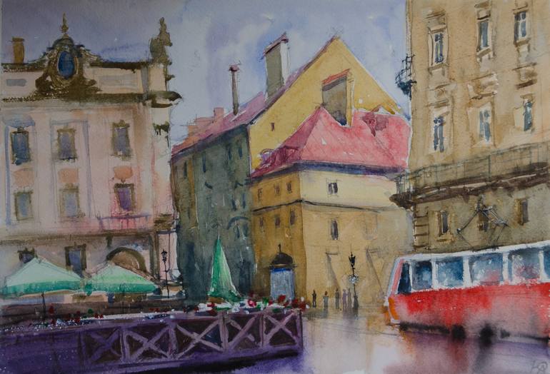 Original Architecture Painting by Yurii Andreichyn | Impressionism Art on Paper | City square