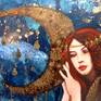 Portrait of a dreamy woman at the moon on wood 30 x 30 cm. "The key to dreams".

Poetic female character on a starry night blue background, clouds, stars, gold dust and a moon as a pillow. A small old key at the end of a chain adorns the crescent moon.

Mixed techniques acrylic, gold powder on varnished wood, the sides are painted in night blue.

Dimensions 30 x 30 cm and 1.5 cm thick.
Work ready to hang, delivered in colissimo with its certificate of authenticity.
Unique piece