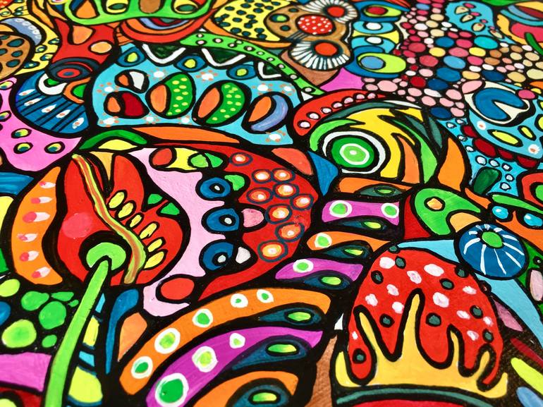 WIKIWIKI, colorful, doodles, detailed, hippie, lsd, wonder, crazy soft  abstract by Veera Zukova, very colorful, lucid, matrix, fractals, fracture,  moon, Cosmic,sweet, sugar, dessert, filled up, incredible, circus, clown,  birthday, party, awesome, joyful