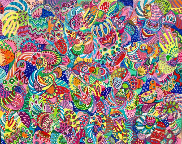 WIKIWIKI, colorful, doodles, detailed, hippie, lsd, wonder, crazy soft  abstract by Veera Zukova, very colorful, lucid, matrix, fractals, fracture,  moon, Cosmic,sweet, sugar, dessert, filled up, incredible, circus, clown,  birthday, party, awesome, joyful