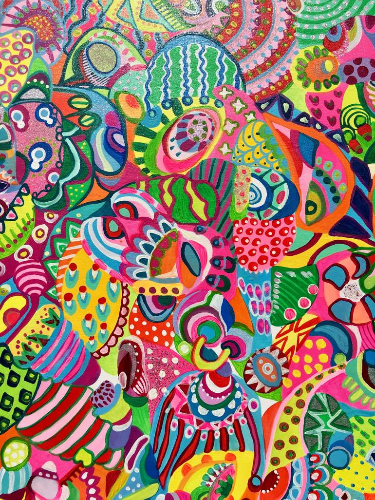 WIKIWIKI, colorful, doodles, detailed, hippie, lsd, wonder, crazy soft  abstract by Veera Zukova, very colorful, lucid, matrix, fractals, fracture,  moon, Cosmic,sweet, sugar, dessert, filled up, incredible, circus, clown,  birthday, party, awesome, joyful