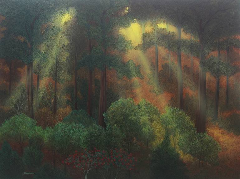 sunrise forest painting