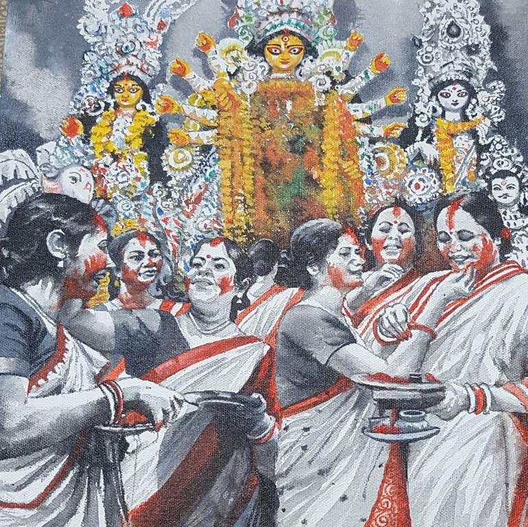 Sindoor khela in Durga Puja Painting by Amlan Dutta | Saatchi Art