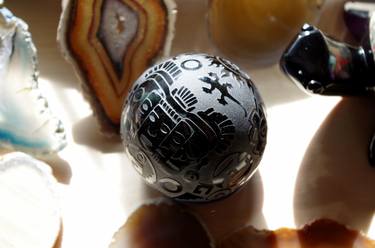 Obsidian fire gemstone sphere engraved Aztec symbols Mexico 2.36", native-American symbols mexica  art, symbolism, sacred art thumb