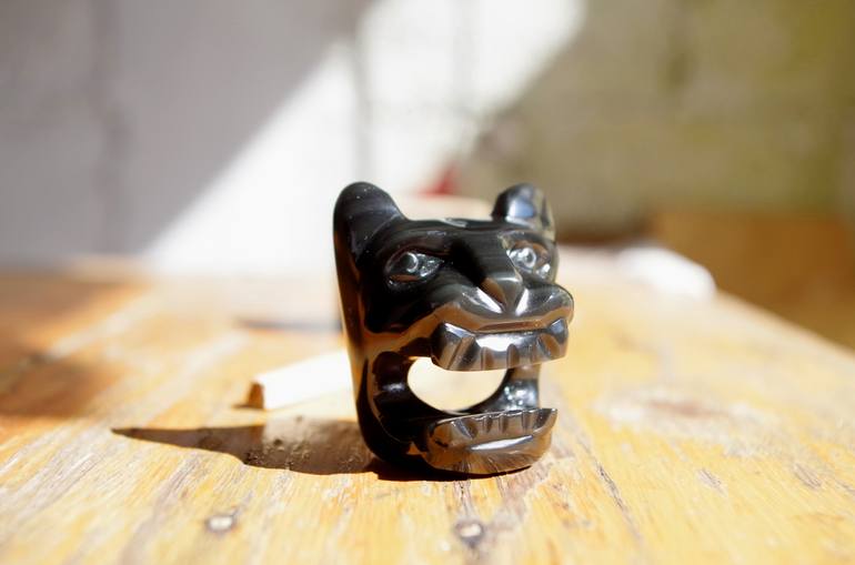 jaguar pendant carved obsidian rainbow black violet 1.77inches, black feline sculpture fine stone of volcano fire Mexico - Print