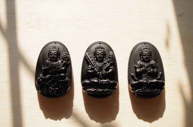 Collection art 3 Buddhas sculpture Obsidian gemStone Mexico 2.36" powerful energy - Print