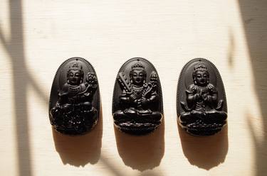 Collection art 3 Buddhas sculpture Obsidian gemStone Mexico 2.36" powerful energy thumb