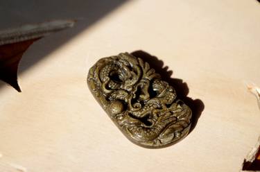 dragon blackgold finestone art pendant, obsidian firestone Mexico, gold obsidian, fine carved dragon gemstone thumb