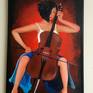 A Girl with Cello. Acrylic painting on Stretched canvas 24x36x.5. Varnished, Framed with wood black frame.